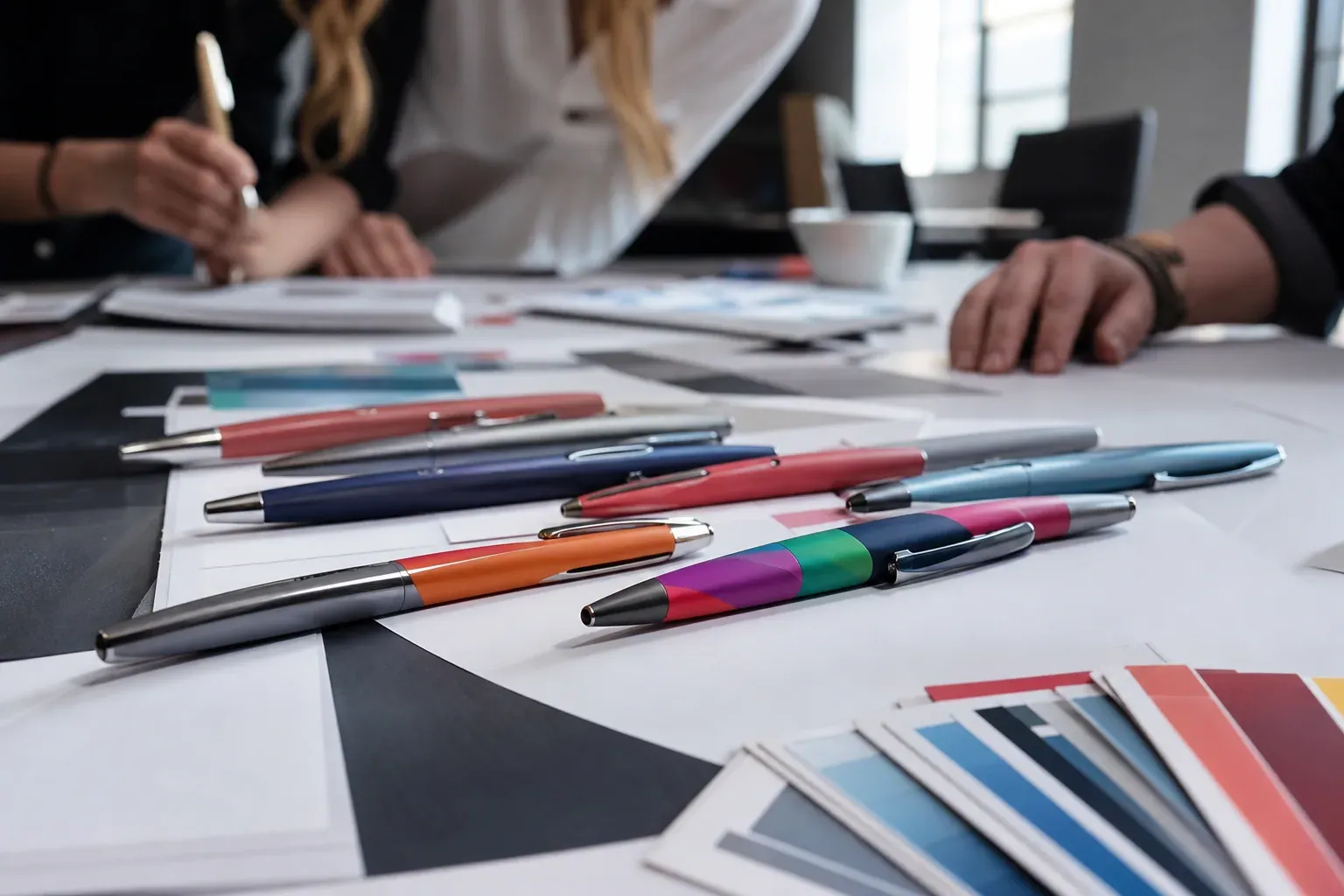 Des stylos publicitaires personnalisés posés sur une table de travail, avec un aperçu de marquage en couleur et des échantillons de finition.