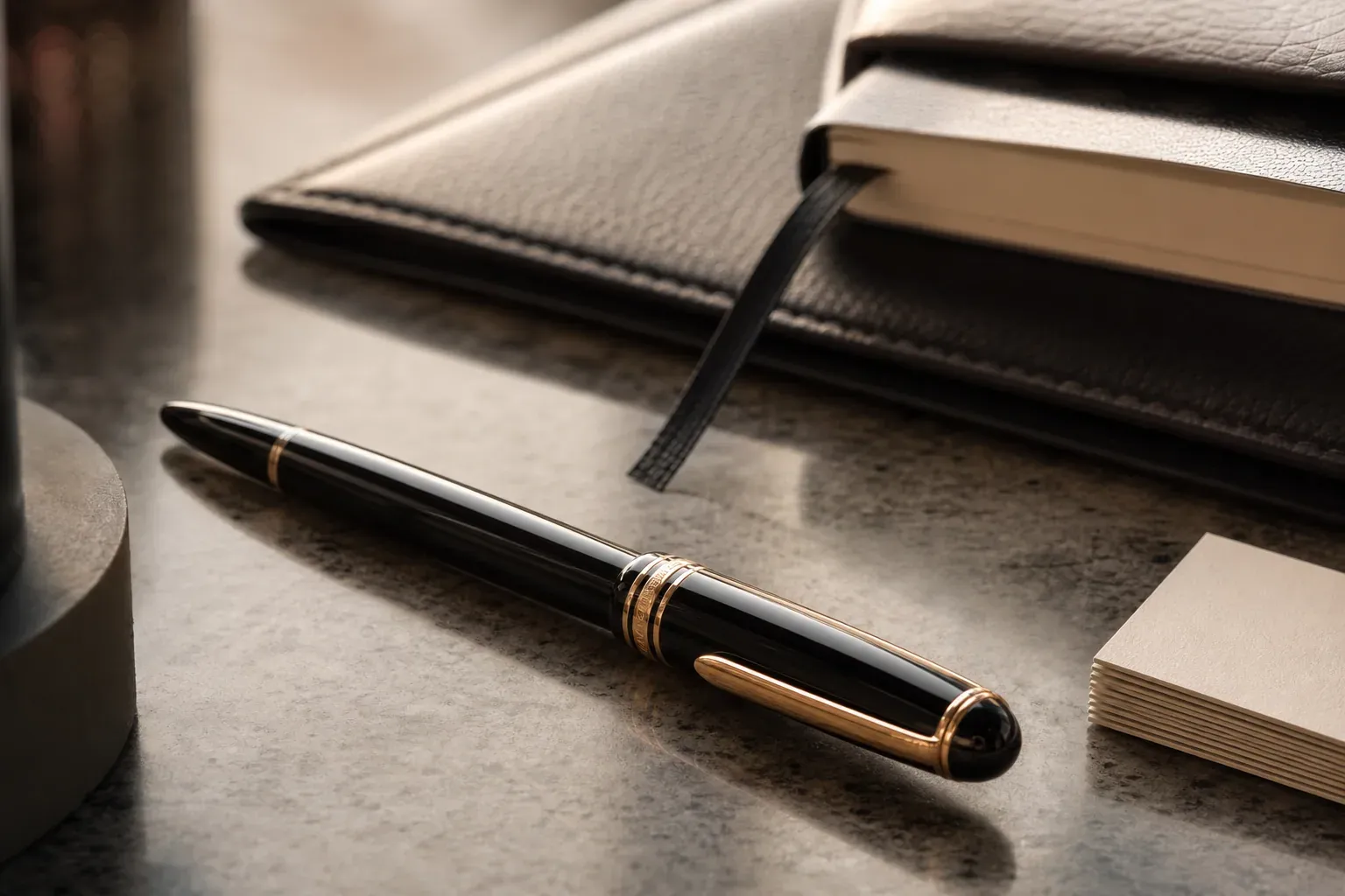 Un stylo publicitaire haut de gamme posé sur un bureau élégant à côté d’un carnet et d’accessoires professionnels.