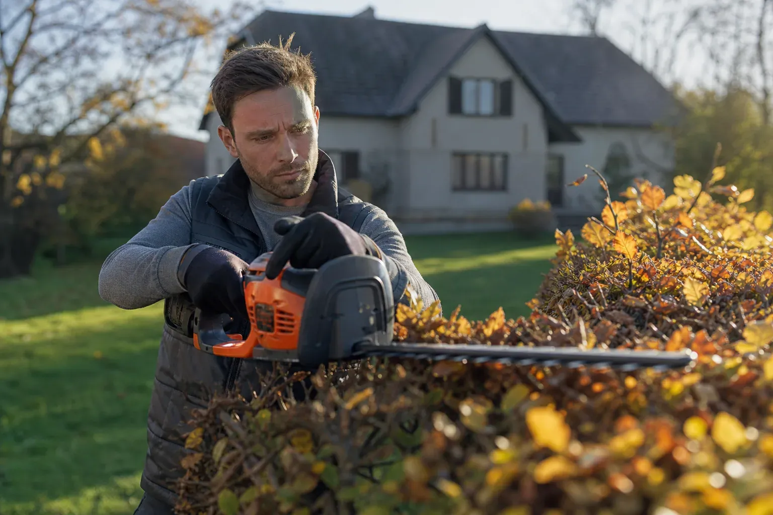 Personne taillant une haie de jardin avec un taille-haie électrique, journée d'automne ensoleillée, maison en arrière-plan.