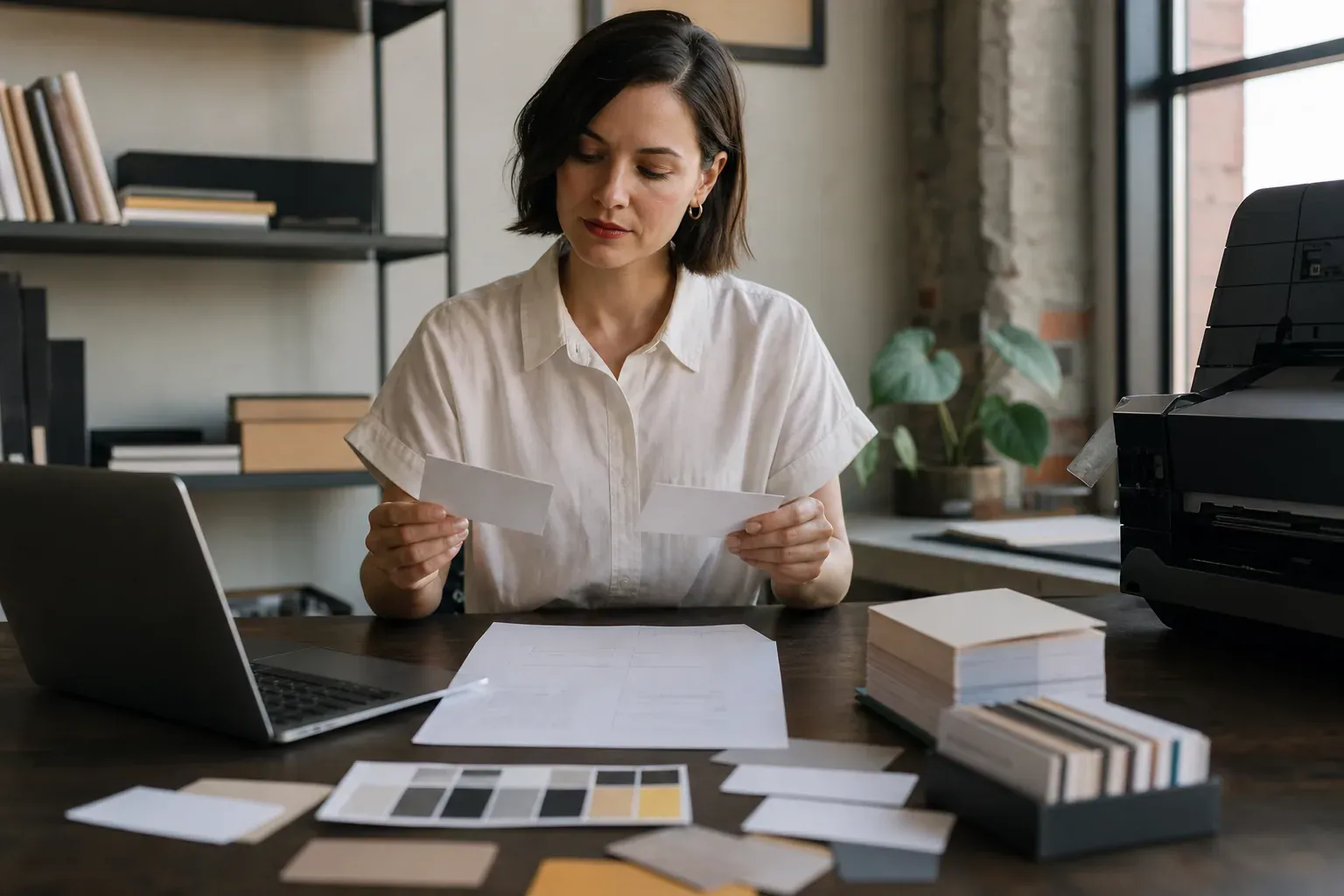 Des cartes de visite imprimées posées sur un bureau, avec un ordinateur portable, des échantillons de papier et un devis d’impression.