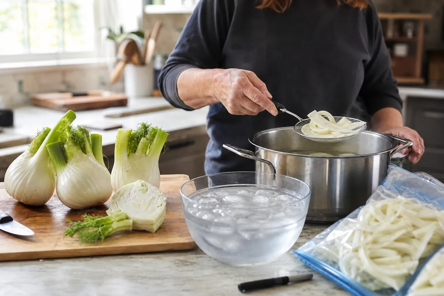 Préparation de fenouil frais sur un plan de travail avec blanchiment, eau glacée et sacs de congélation avant rangement au congélateur.