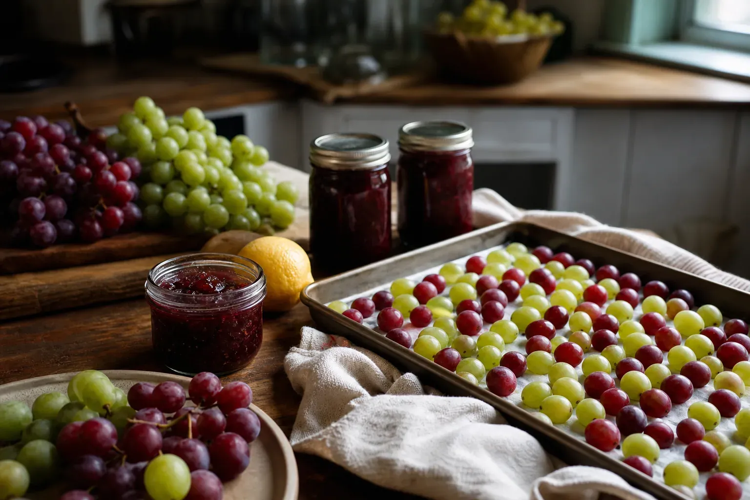 Des raisins frais, une plaque de grains prêts à congeler et plusieurs pots de confiture de raisin maison posés sur une table de cuisine.