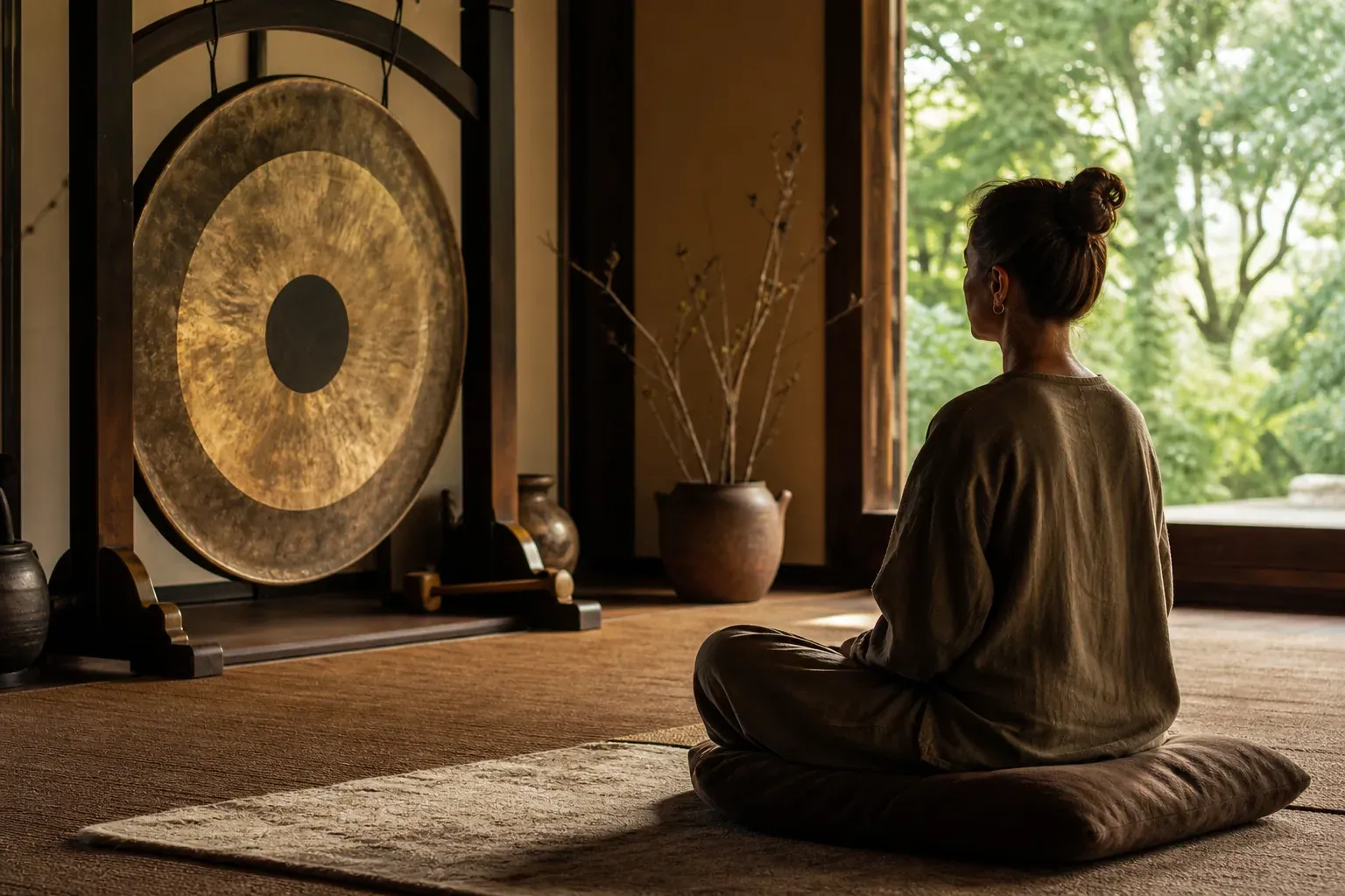 Une personne médite assise dans une pièce calme devant un grand gong en bronze, baignée par une lumière naturelle chaleureuse.