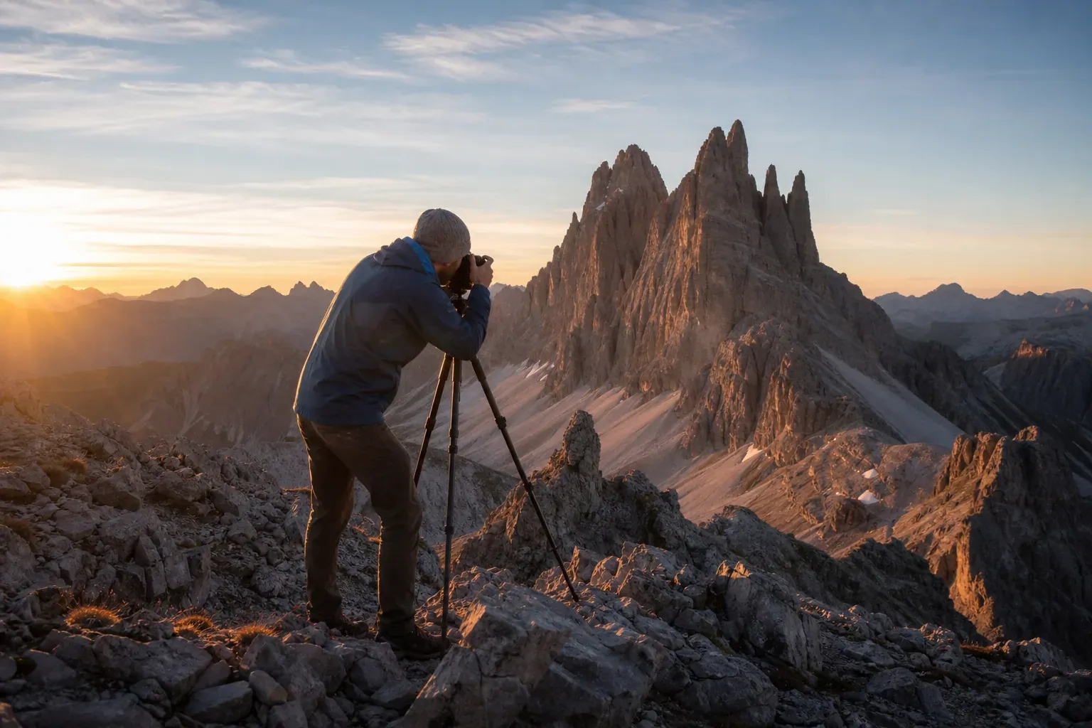 Un photographe installé sur une crête rocheuse en montagne au lever du soleil, avec un trépied et de grands sommets en arrière-plan.