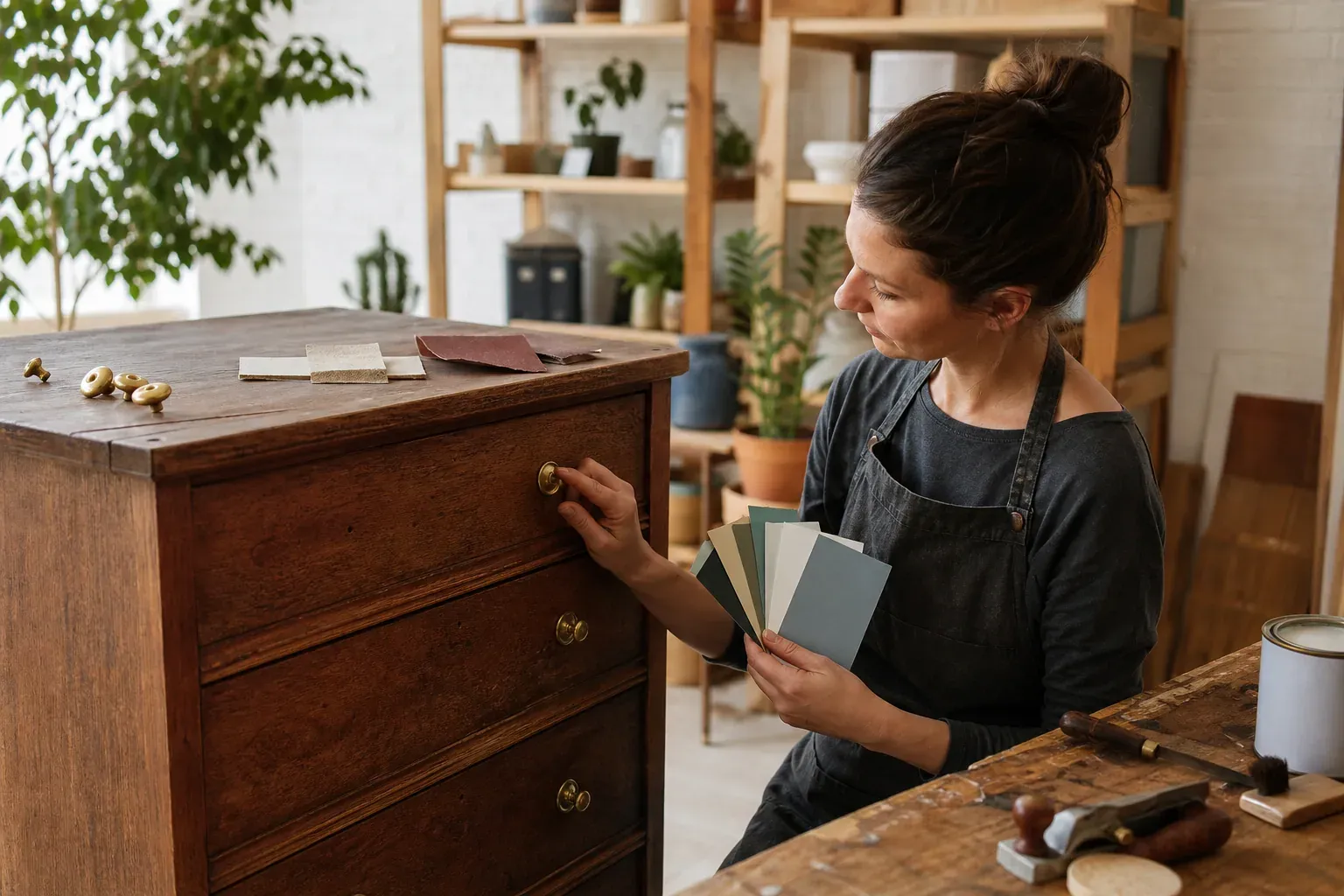 Un artisan modernise en douceur une commode ancienne dans un atelier lumineux, avec peinture mate, poignées en laiton et outils de finition.
