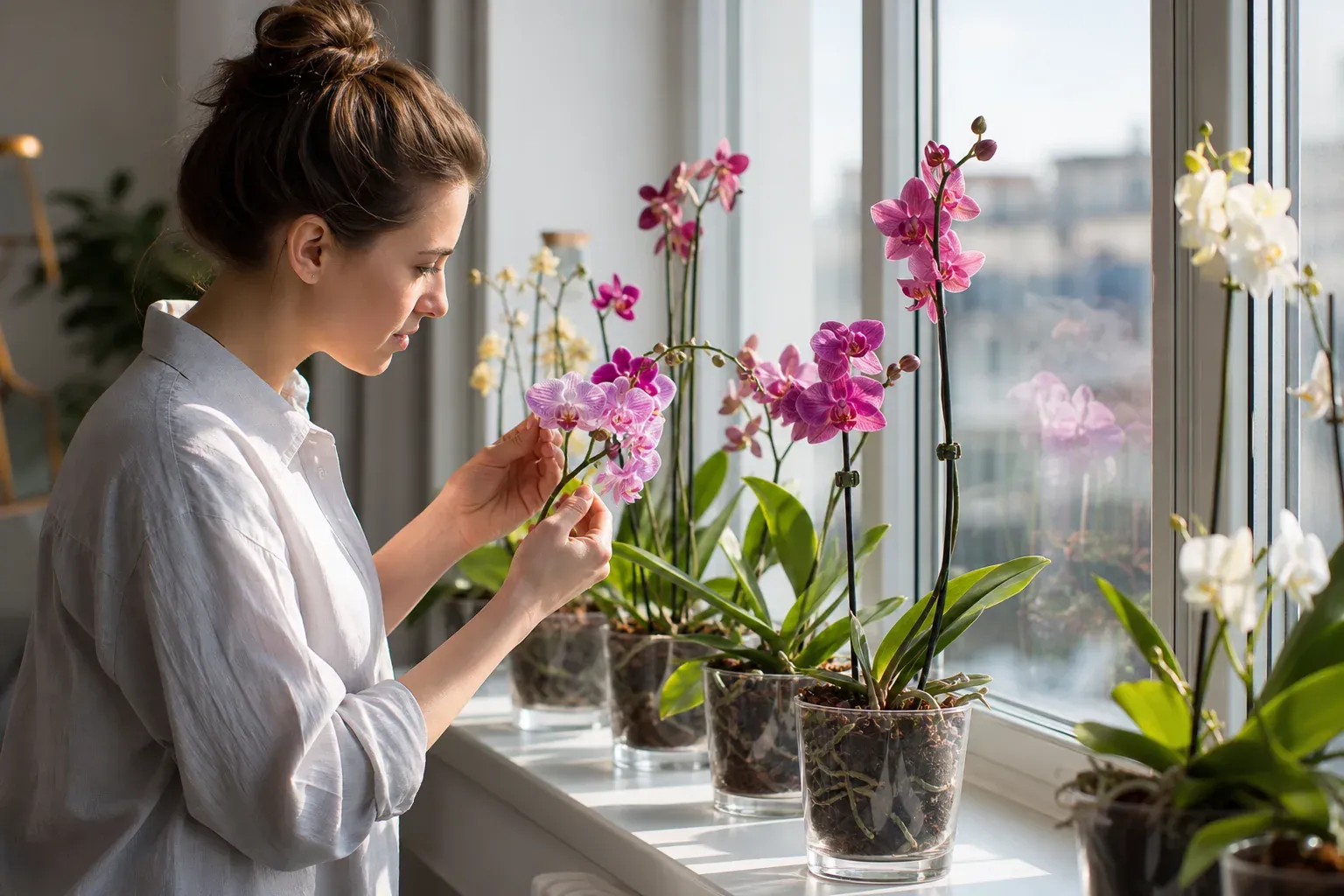 Une orchidée fleurie posée sur un rebord de fenêtre dans un appartement lumineux, avec un arrosage en cours et des pots transparents.