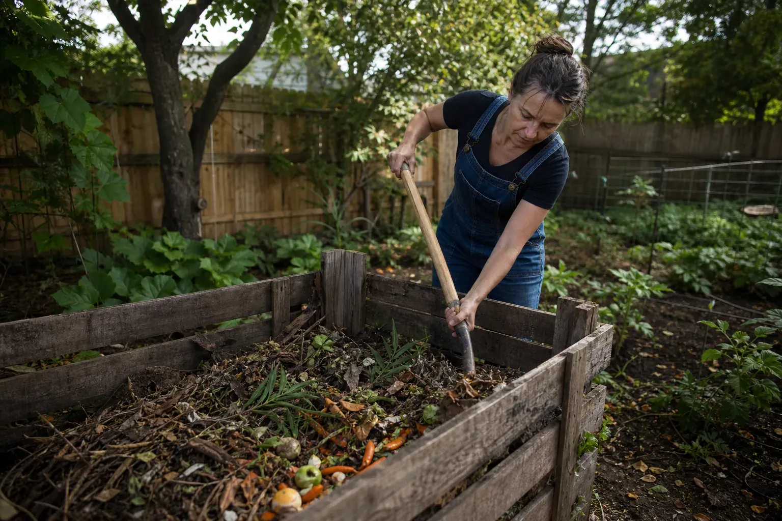 Un jardinier retourne un compost domestique dans un jardin ombragé, avec des feuilles sèches et des déchets de cuisine visibles.