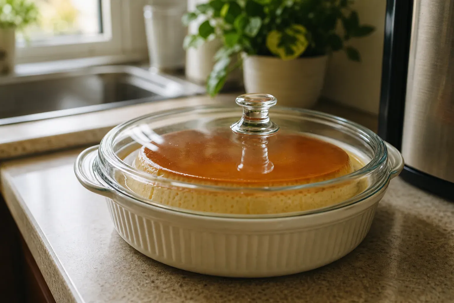 Flan aux œufs maison dans un plat en céramique, couvert pour la conservation, posé près d’un réfrigérateur.