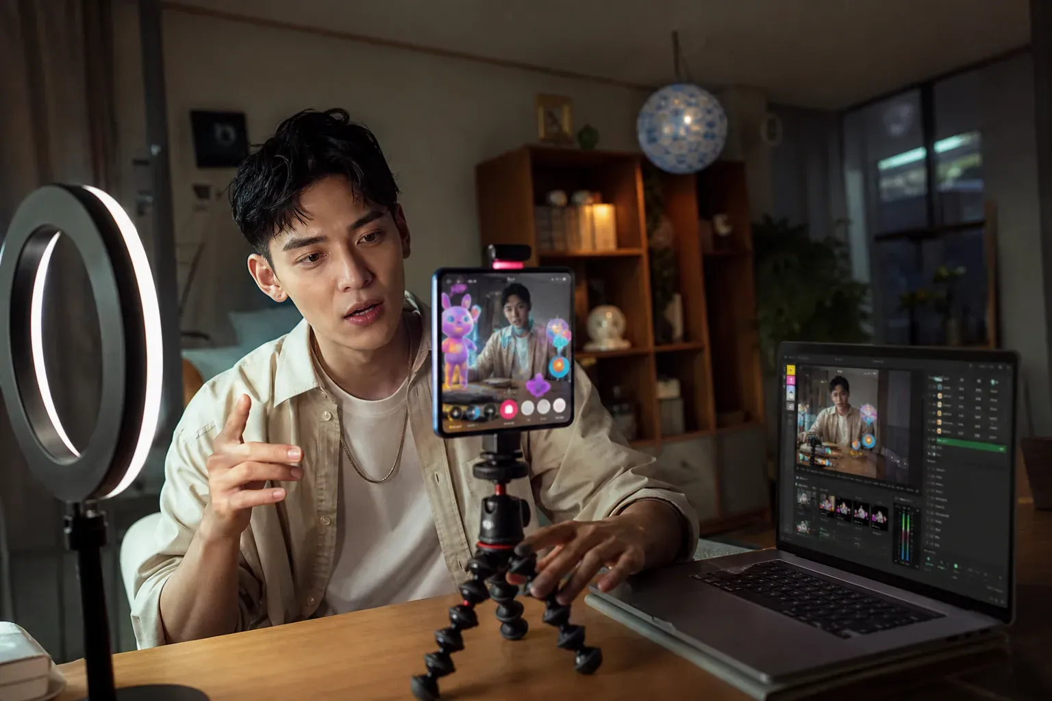 Un créateur filme un live TikTok dans un petit studio à domicile, avec un smartphone sur trépied, un ordinateur portable et un éclairage soigné.