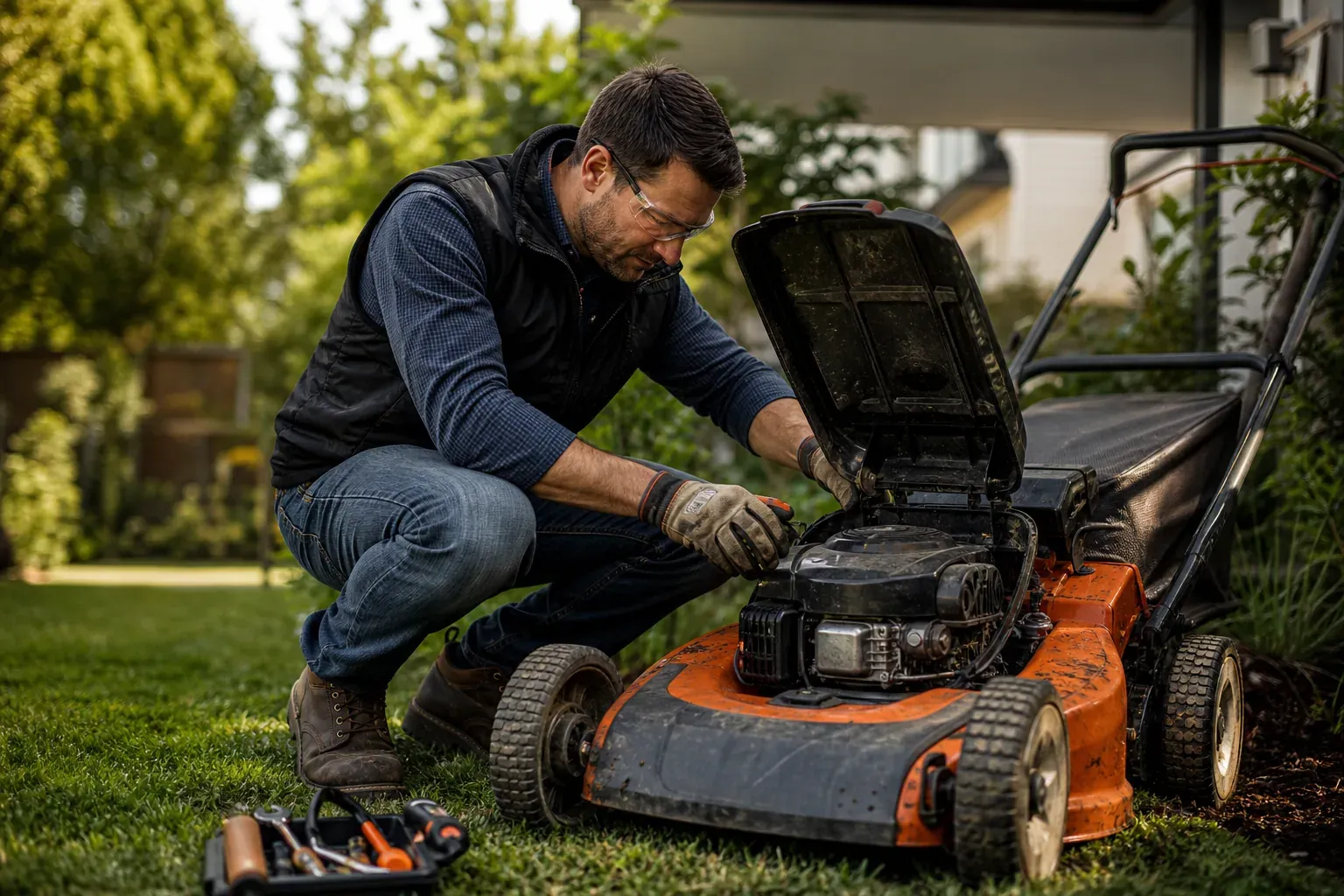 Personne vérifiant le moteur d'une tondeuse à gazon dans un jardin, outils posés sur l'herbe, lumière naturelle.