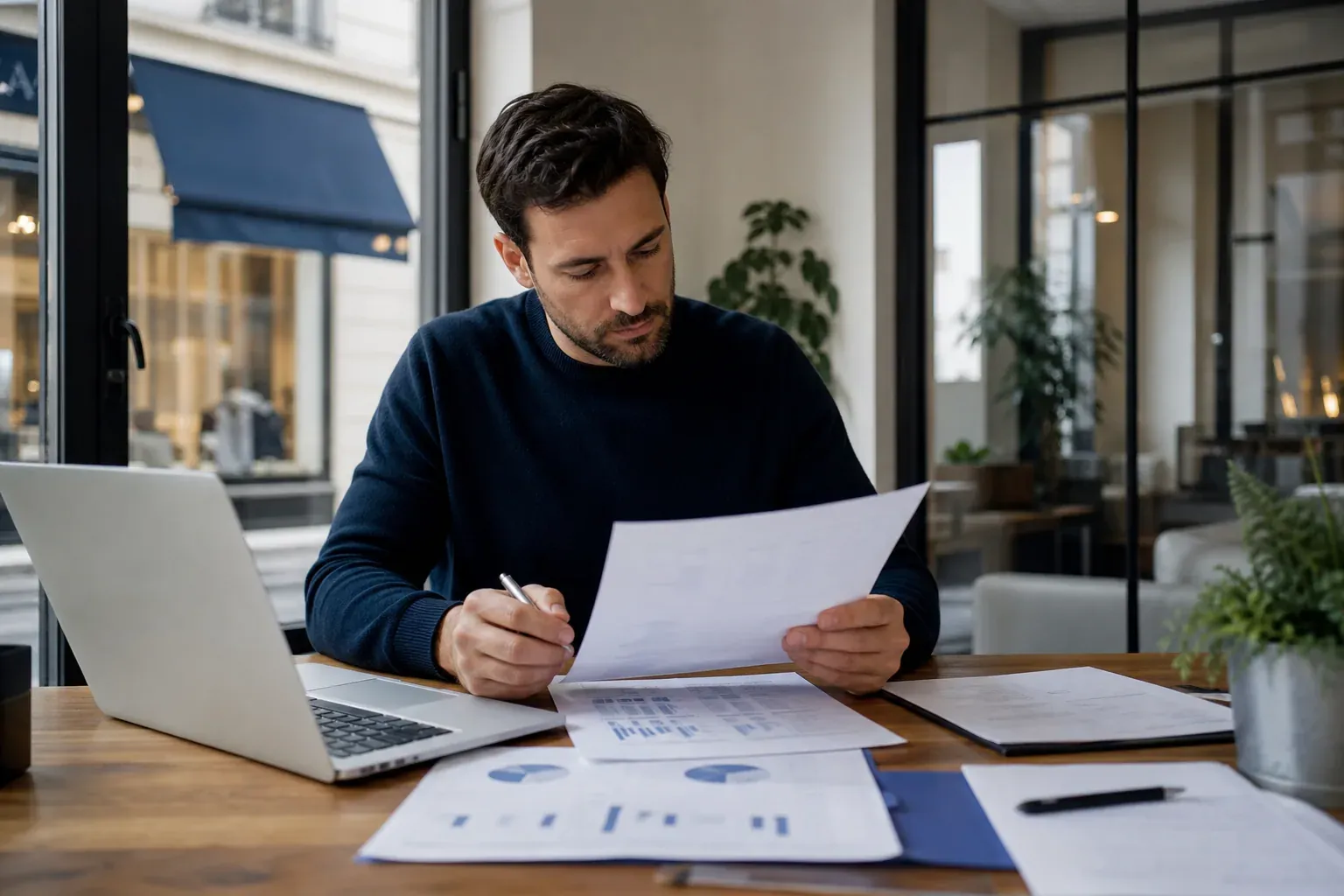 Un entrepreneur examine un dossier de franchise avec un ordinateur portable et des documents financiers dans un bureau moderne.