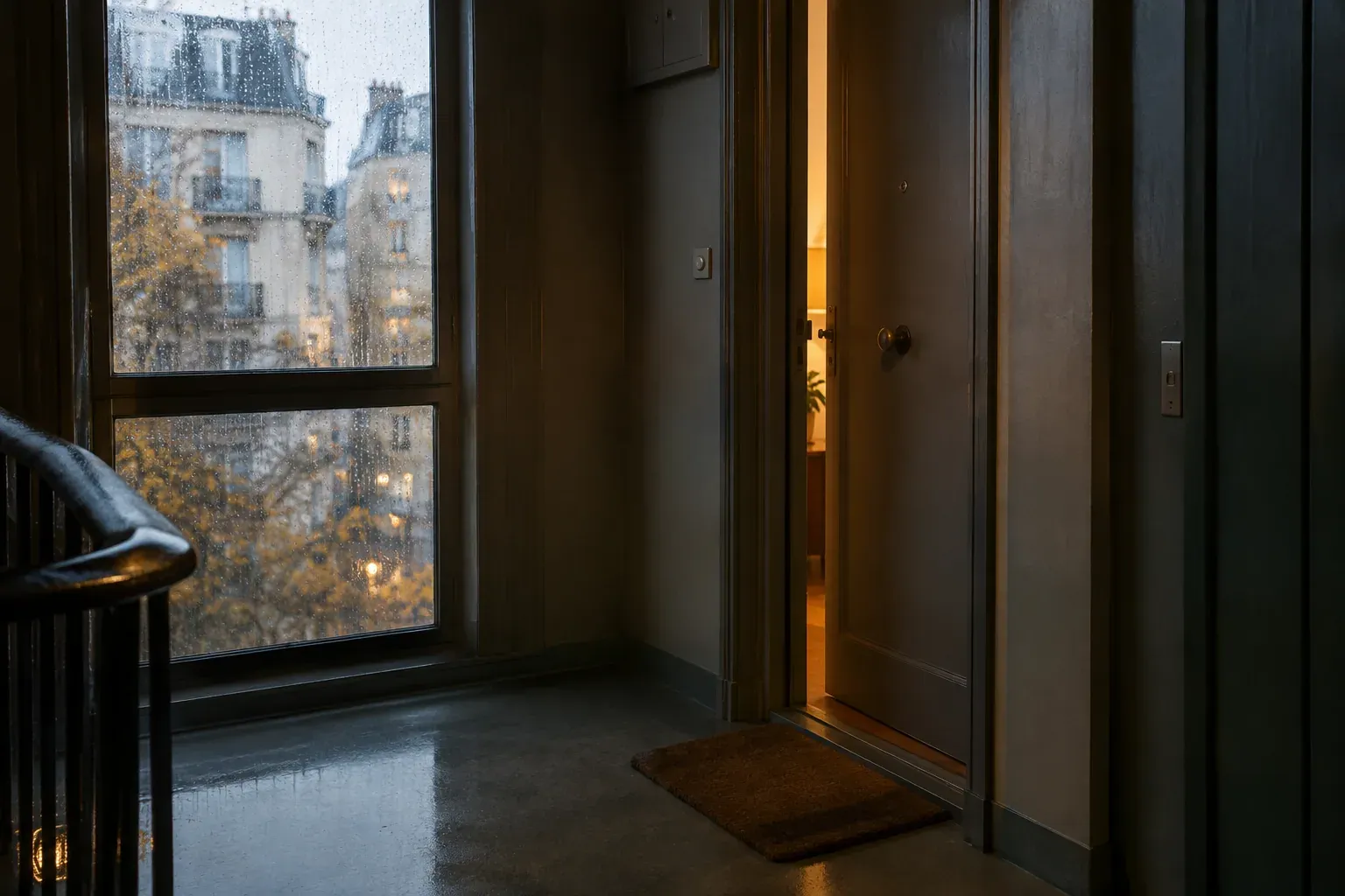 Palier d'un immeuble ancien par un soir pluvieux d'automne, porte d'appartement entrouverte laissant filtrer une lumière chaude.