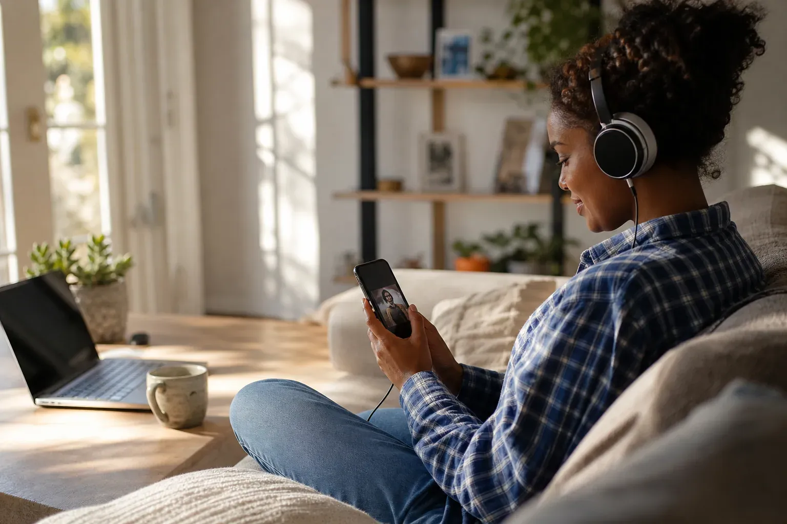 Personne écoutant une radio en direct sur smartphone avec casque, dans un intérieur moderne, avec une ambiance de quotidien réel.