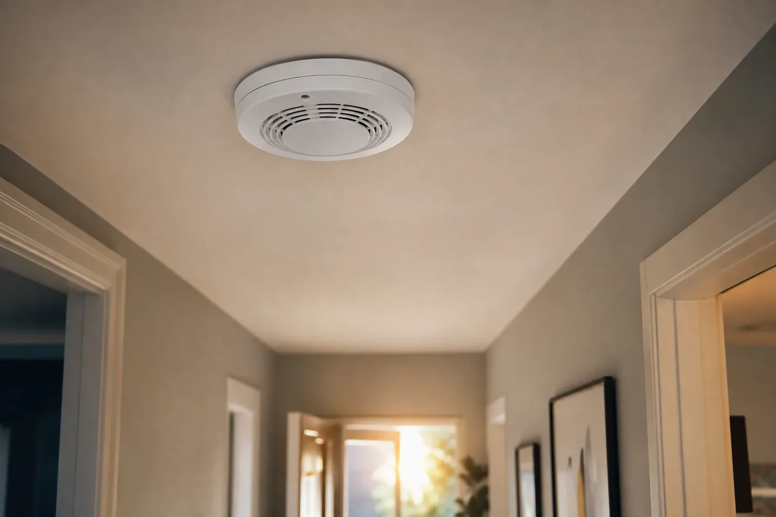 Détecteur de fumée blanc fixé au plafond d'un couloir d'appartement, lumière naturelle douce en fin de journée.