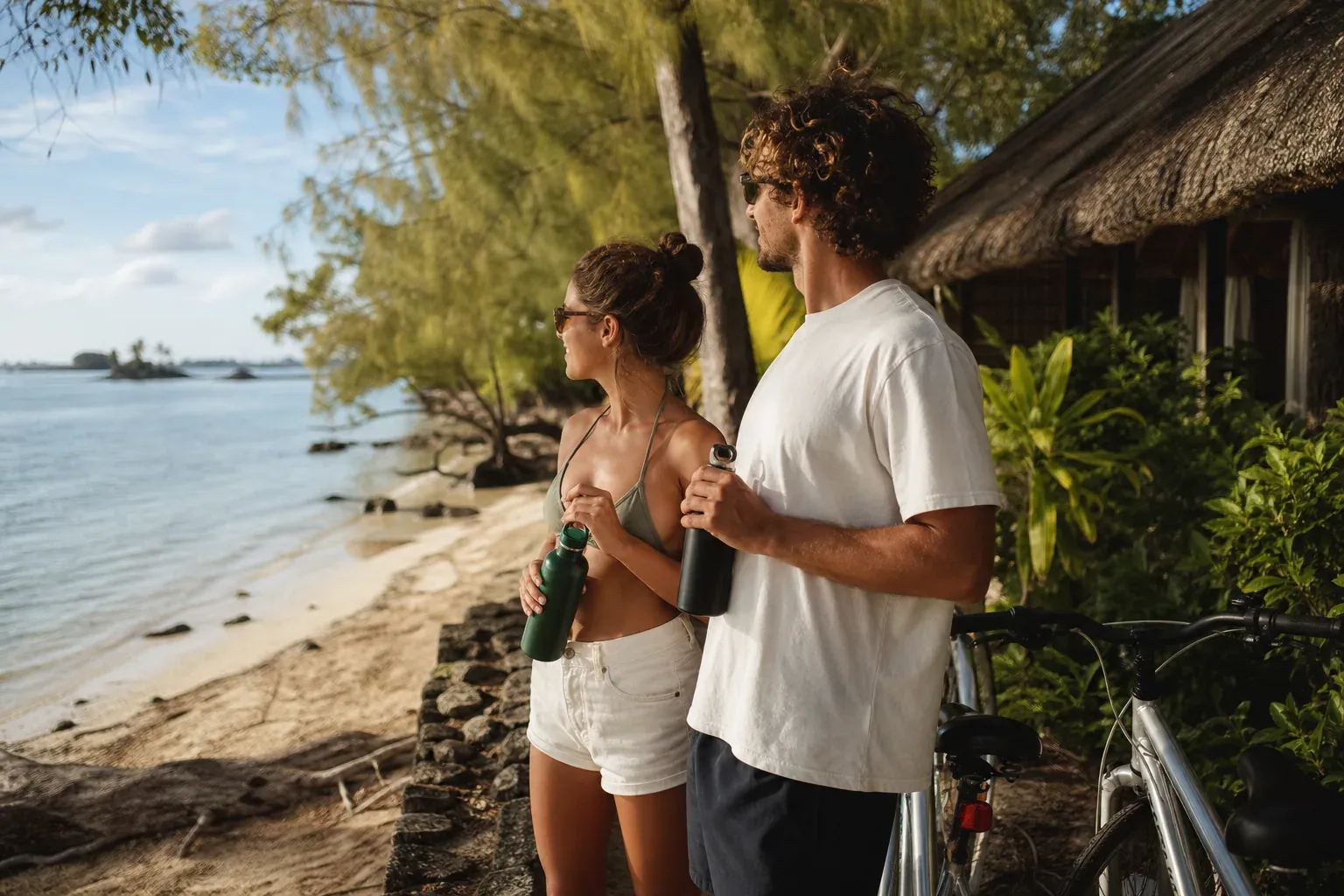 Un couple observe un lagon turquoise depuis une plage de l’île Maurice, près d’un hébergement simple et écologique avec un vélo et des bouteilles réutilisables.