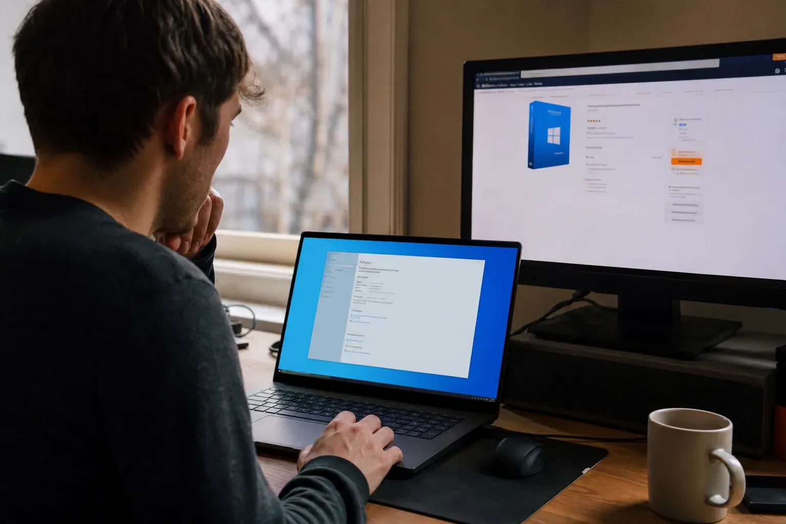 Un utilisateur vérifie l’activation de Windows sur un ordinateur, avec une offre de licence à bas prix affichée sur un autre écran.