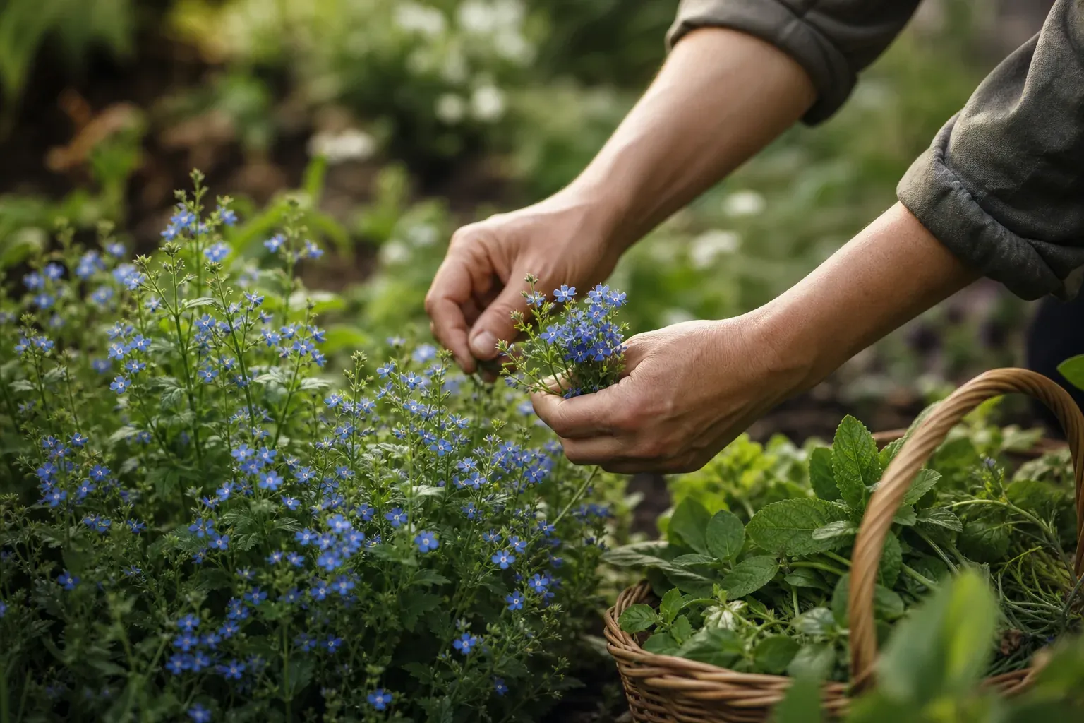 Gros plan réaliste d’une main cueillant de petites fleurs bleues de véronique dans un jardin, avec un panier d’herbes en arrière-plan.