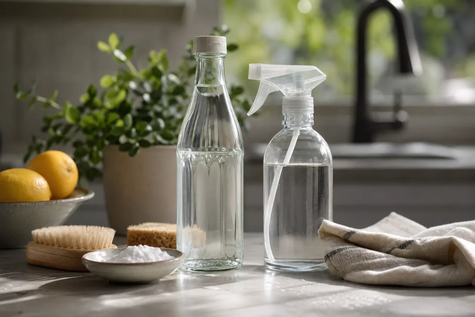 Bouteille de vinaigre blanc et vaporisateur posés sur un plan de travail de cuisine, entourés de produits d'entretien naturels, lumière naturelle.