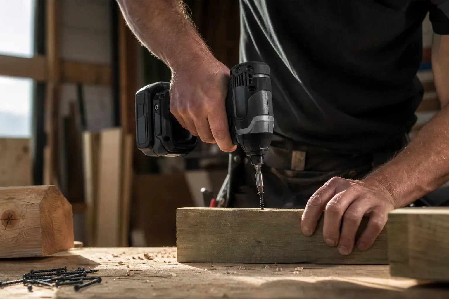 Un artisan utilise une visseuse à choc sans fil à poignée ergonomique dans un atelier de menuiserie, avec des poutres en bois et des vis sur l’établi.