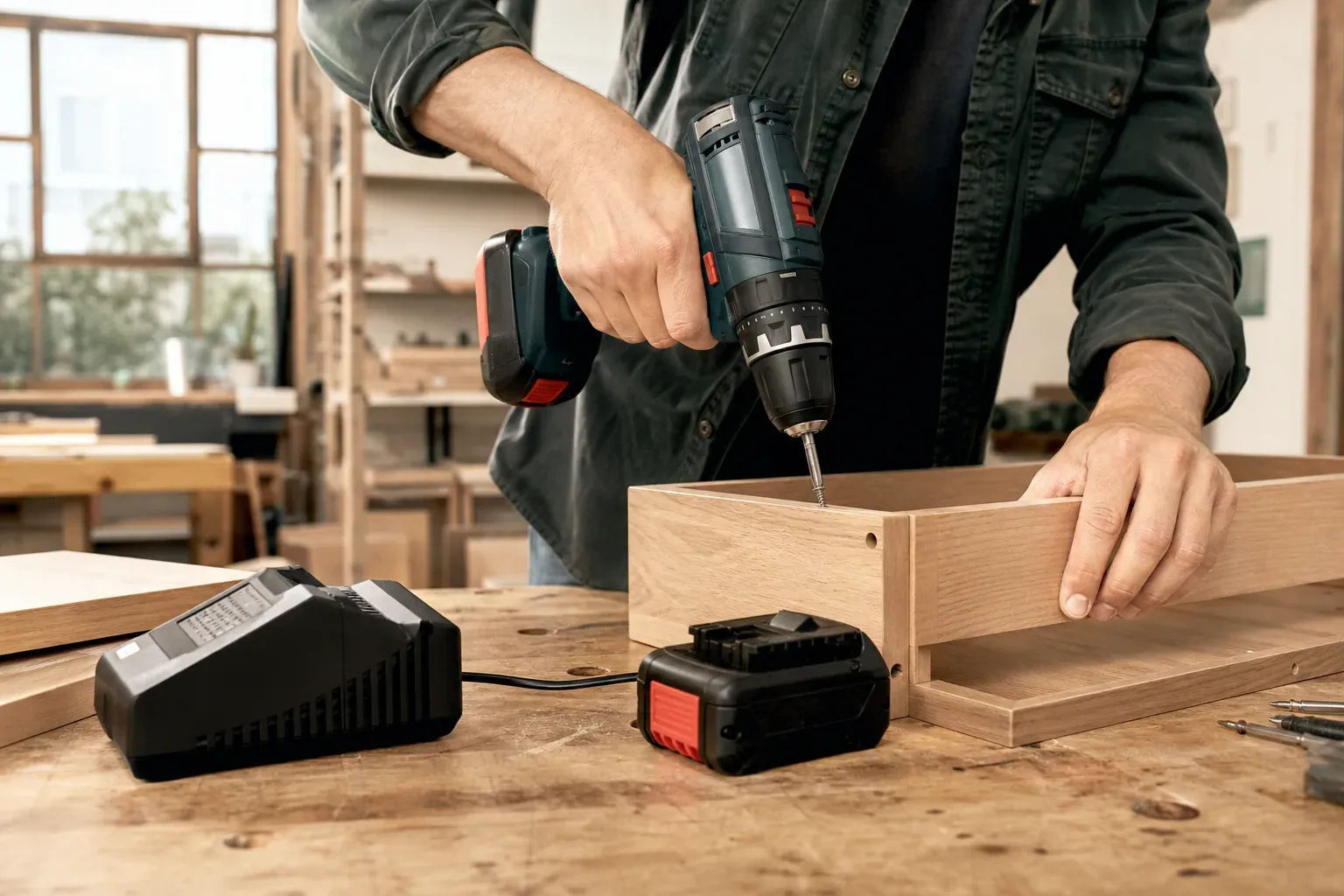 Visseuse sans fil posée sur un établi avec son chargeur rapide et une batterie de rechange dans un atelier lumineux.