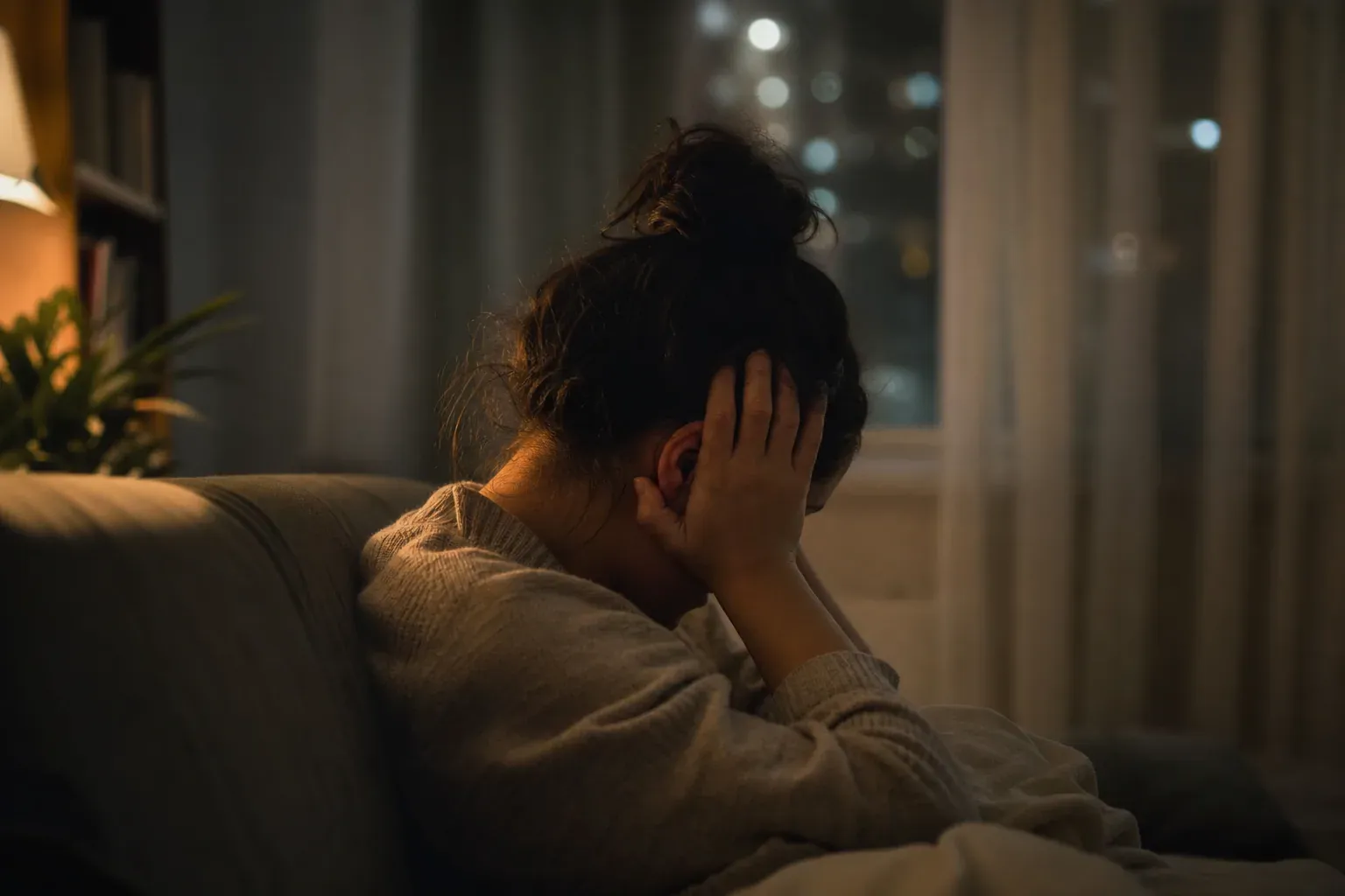 Personne assise sur son canapé le soir, les mains posées sur les oreilles, dans un salon d'appartement faiblement éclairé.