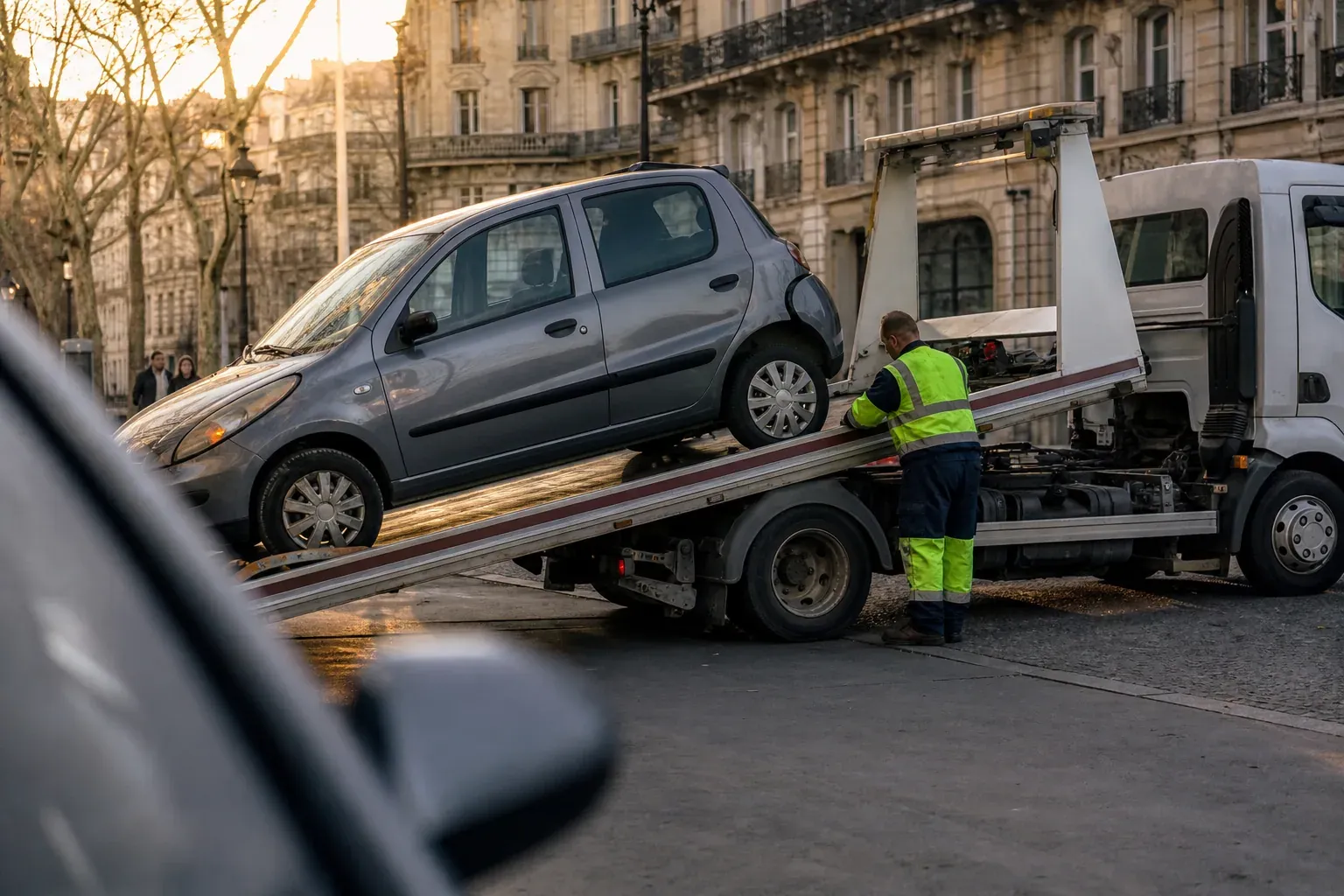 Agent en tenue fluorescente chargeant une petite voiture grise sur le plateau d'une dépanneuse, dans une rue bordée d'immeubles anciens en fin de journée.