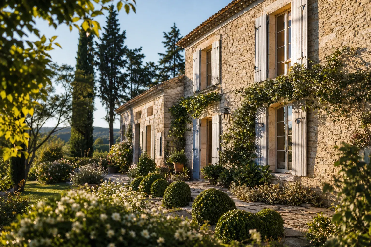Façade d’une maison de caractère en pierre avec jardin soigné, lumière douce et ambiance immobilière élégante.
