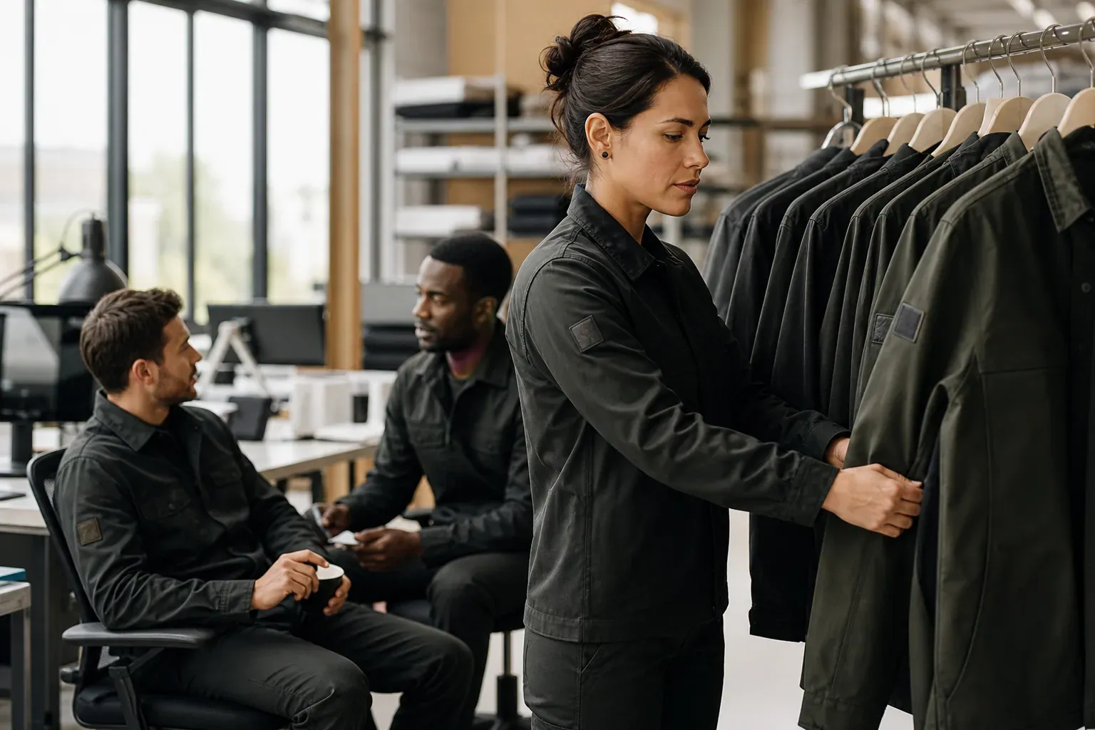 Une équipe de professionnels portant des vêtements de travail assortis dans un atelier lumineux, avec une image moderne et crédible.