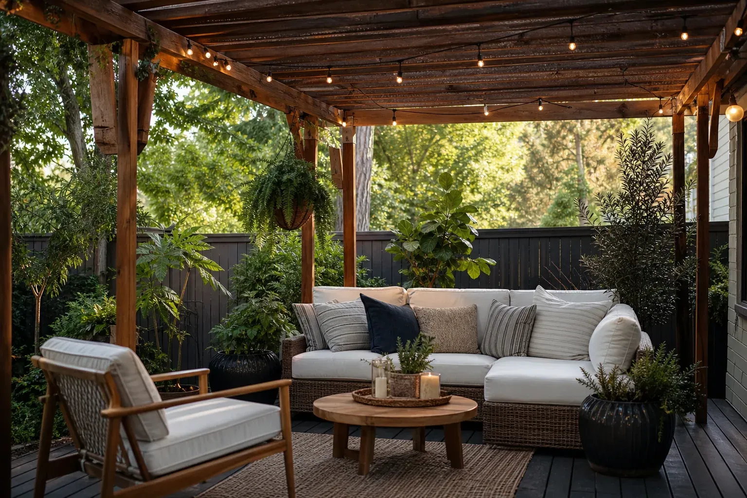Pergola de jardin aménagée en salon extérieur cosy avec fauteuils, guirlandes lumineuses, plantes en pots et coussins.