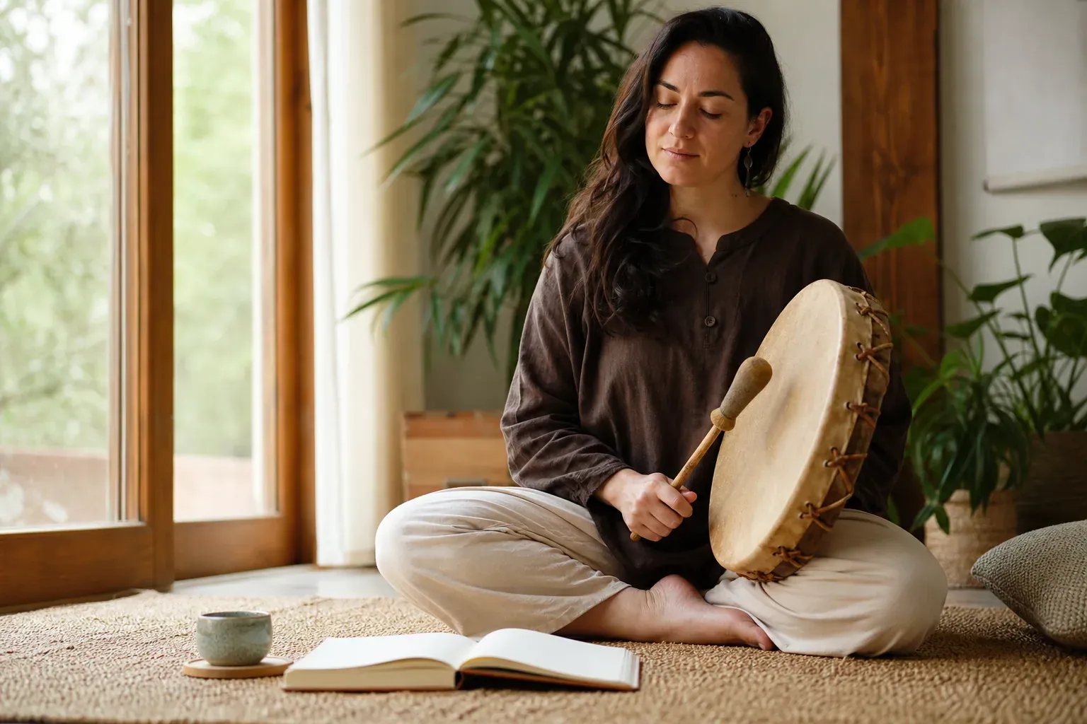 Une personne assise dans une pièce calme, avec un tambour, un carnet et une lumière naturelle, dans une ambiance d’introspection.
