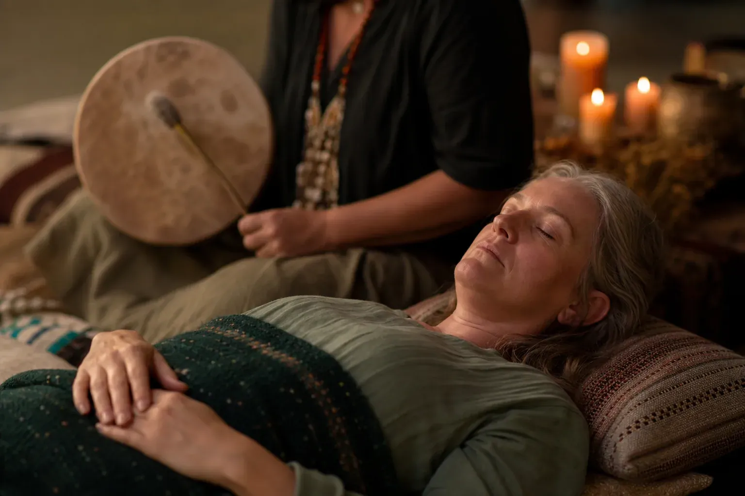 Une personne assise dans une pièce tamisée pendant une séance de voyage chamanique, avec tambour, lumière chaude et accompagnant à proximité.