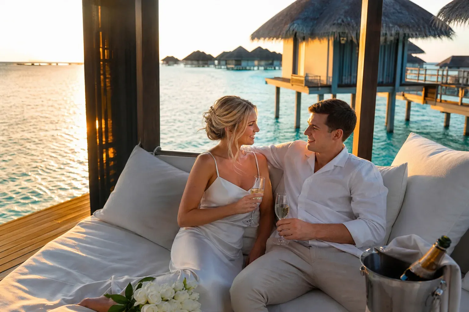 Couple de jeunes mariés sur la terrasse d’une villa sur pilotis face à un lagon turquoise au coucher du soleil