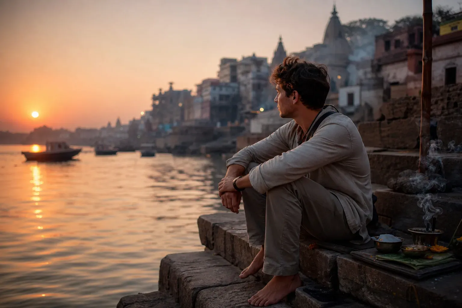 Un voyageur assis en silence au lever du soleil sur les marches d’un temple au bord de l’eau, dans une ambiance spirituelle et apaisante en Asie.