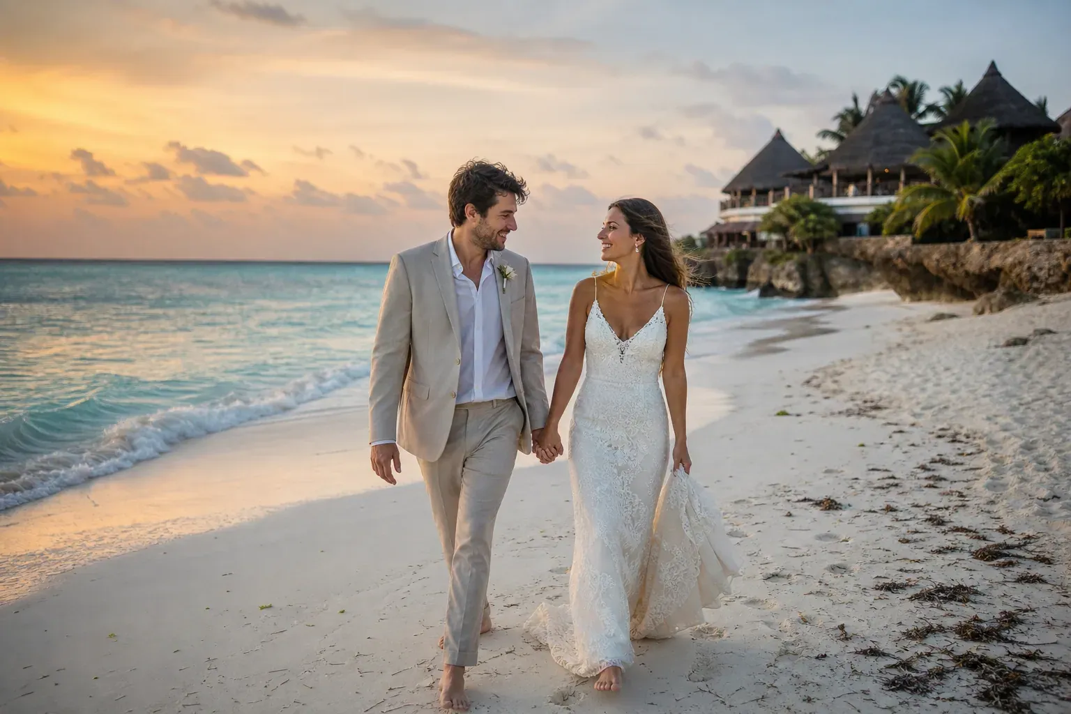 Un couple de jeunes mariés marche main dans la main sur une plage de sable blanc à Zanzibar, avec une mer turquoise et un coucher de soleil doré.