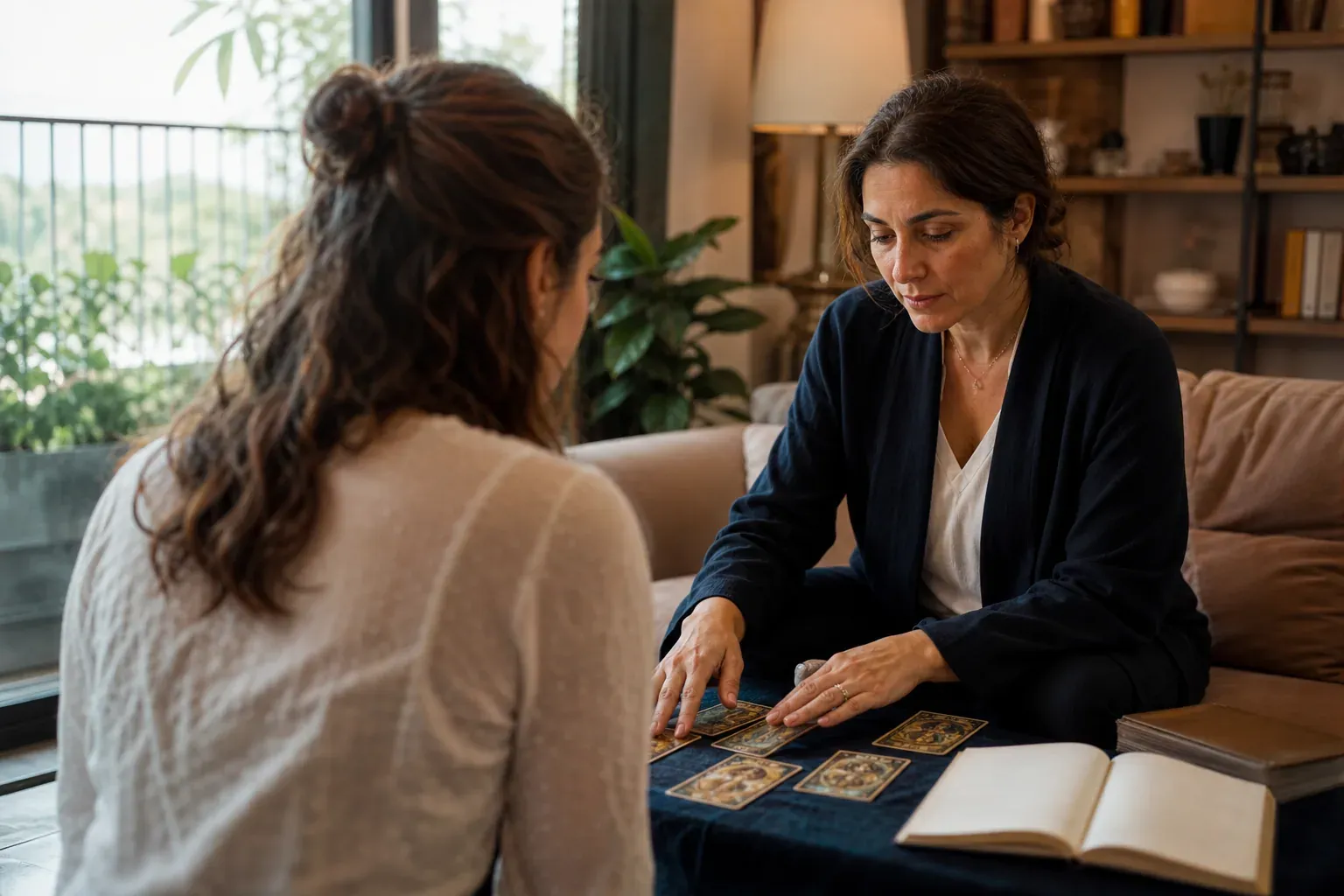 Une consultation de voyance en intérieur avec une cliente et un praticien autour d’une table, ambiance calme et réaliste.