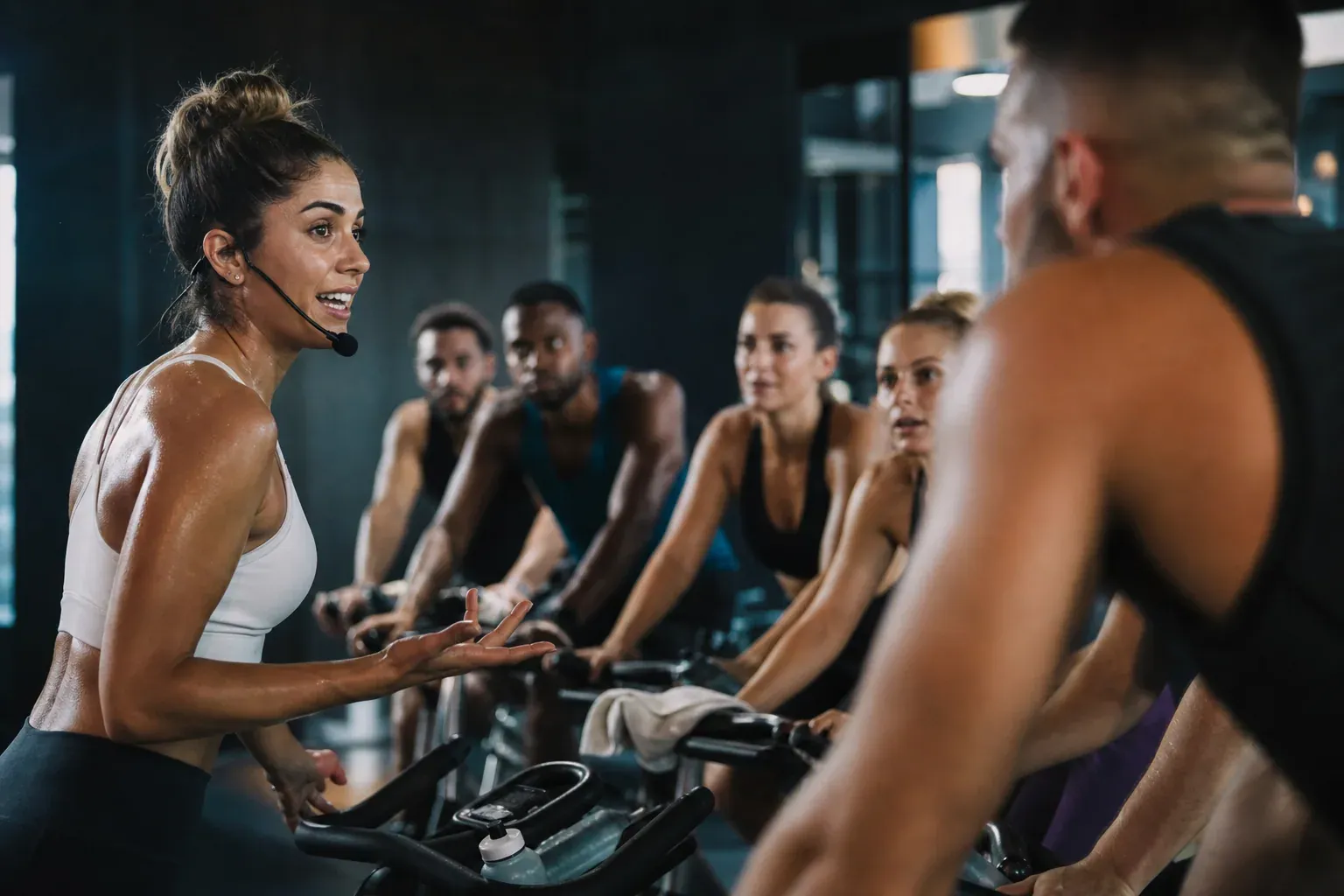 Un instructeur de cycling encadrant un cours en salle avec plusieurs vélos d’appartement dans un studio de fitness moderne.