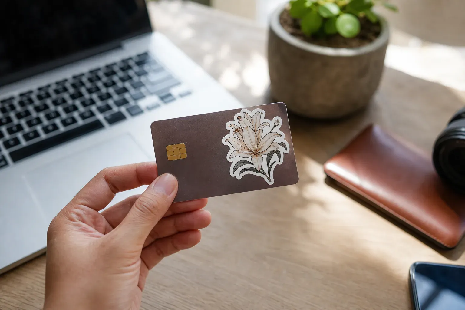 Une carte bancaire tenue à la main, décorée par un sticker au motif moderne, sur un bureau lumineux.