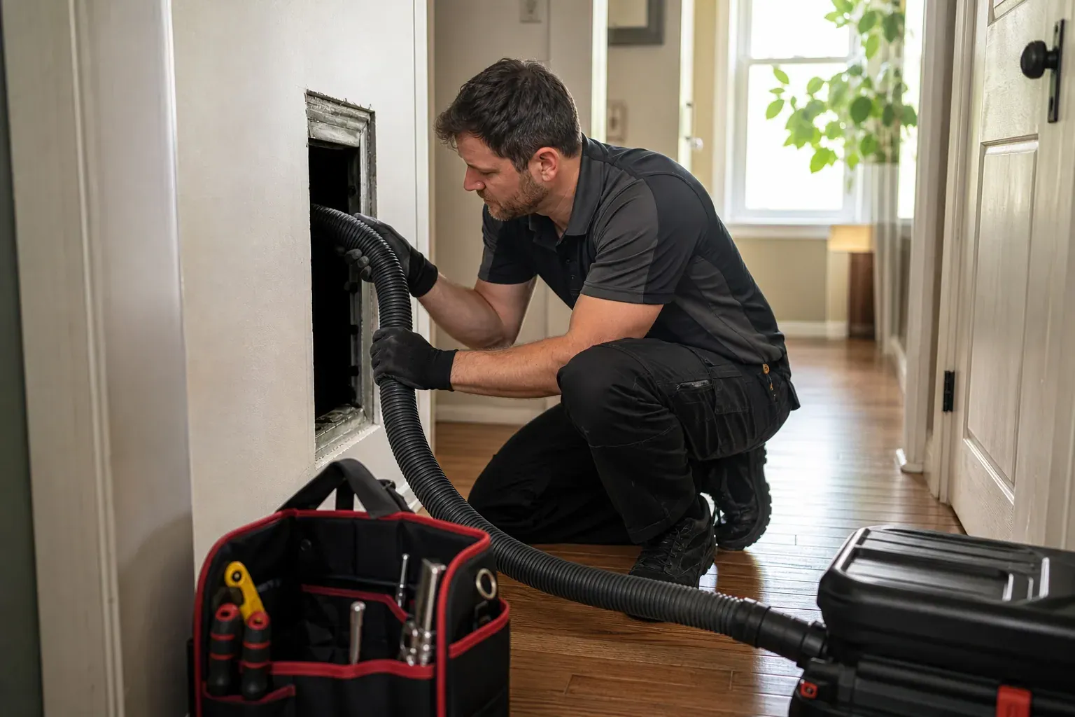 Un technicien nettoie des conduits de ventilation dans une maison, avec un flexible d’aspiration et un panneau de visite ouvert.