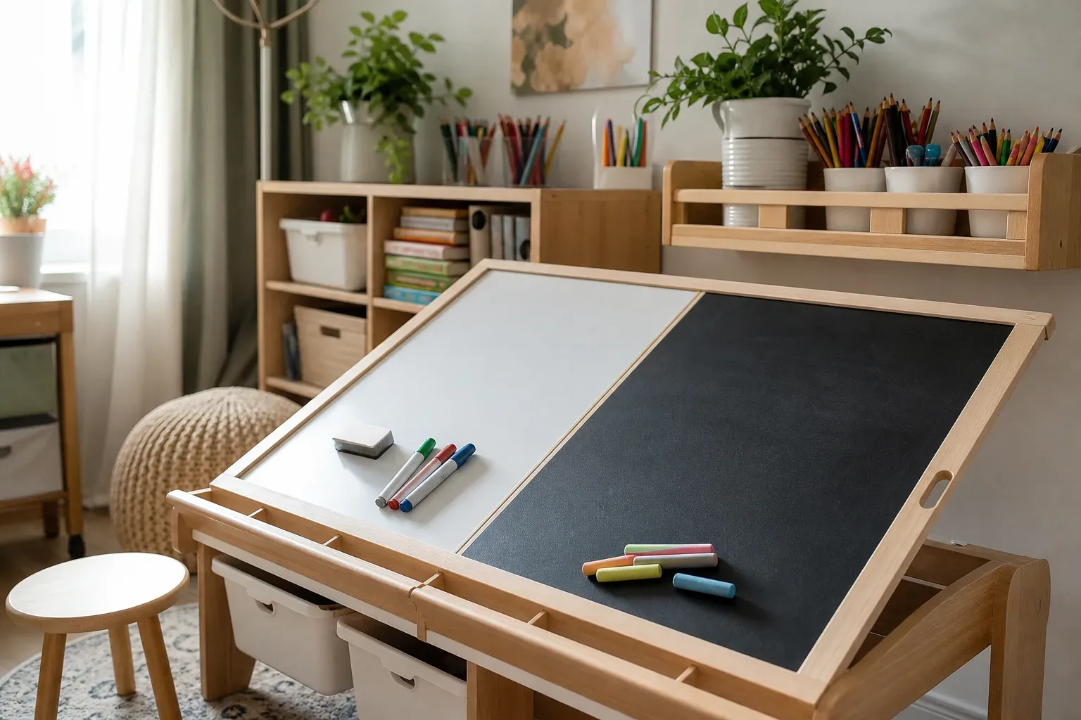 Une table de dessin d’intérieur avec surface effaçable, entourée de feutres, craies et accessoires de dessin, dans une pièce lumineuse.